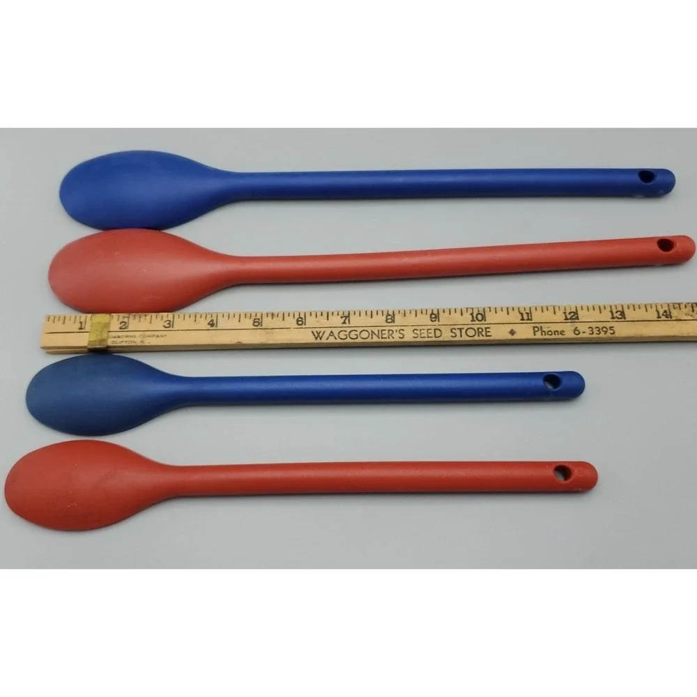 Vintage 2003 4 Durable Blue and Red Plastic Cooking Stirring Spoons 15